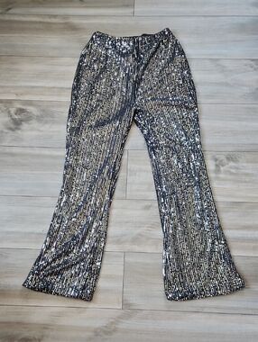 Sequin Sparkle Flare Pants - Silver & Black